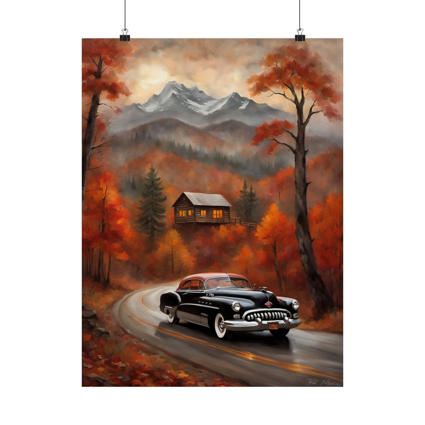 Autumn Landscape Poster featuring a vintage car on a winding road surrounded by colorful fall trees