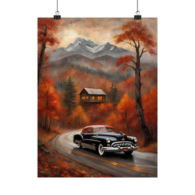 Autumn Landscape Poster featuring a vintage car on a scenic road surrounded by fall foliage