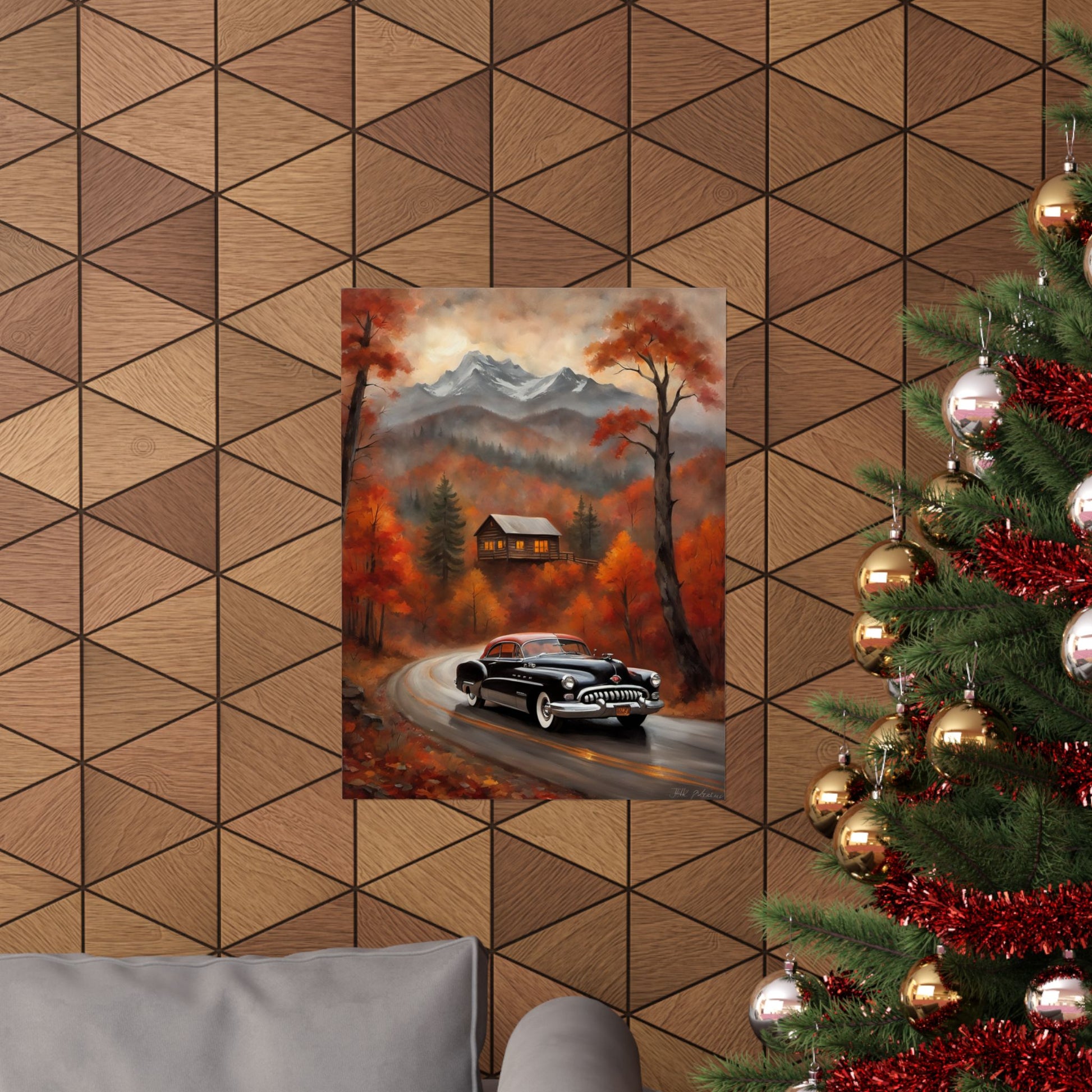 Autumn Landscape Poster featuring a retro car on a scenic road with vibrant fall foliage
