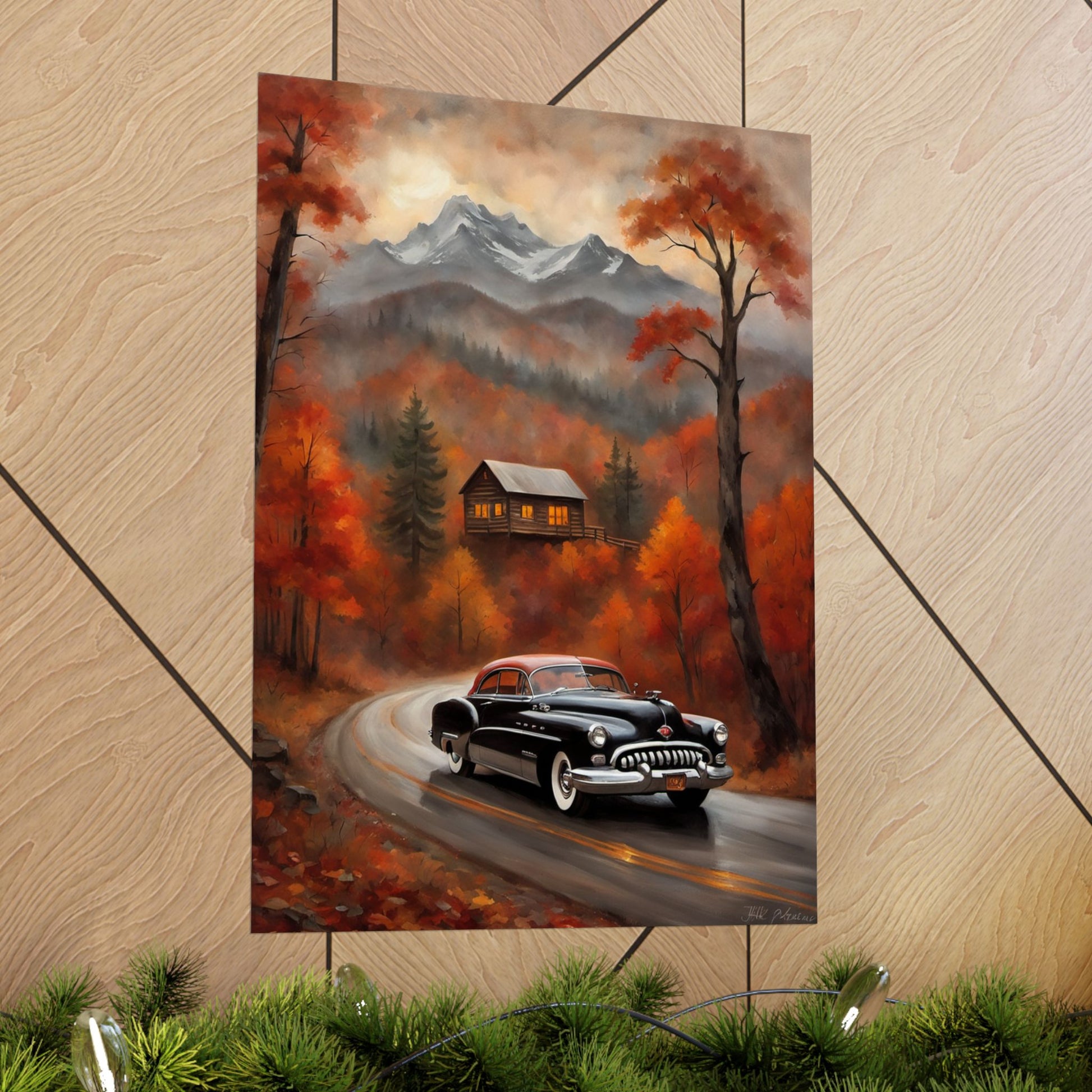 Autumn Landscape Poster featuring a classic car on a winding road surrounded by colorful fall foliage