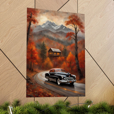 Autumn Landscape Poster featuring a classic car on a winding road surrounded by colorful fall foliage