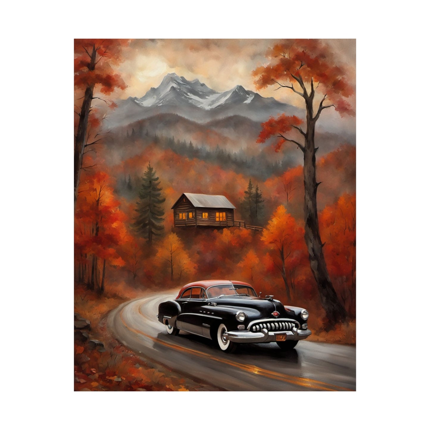 Autumn Landscape Poster featuring a vintage car on a road surrounded by colorful fall foliage