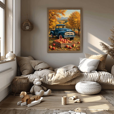 Autumn orchard harvest painting by AquilVision showing vintage blue truck with apples in cozy living room