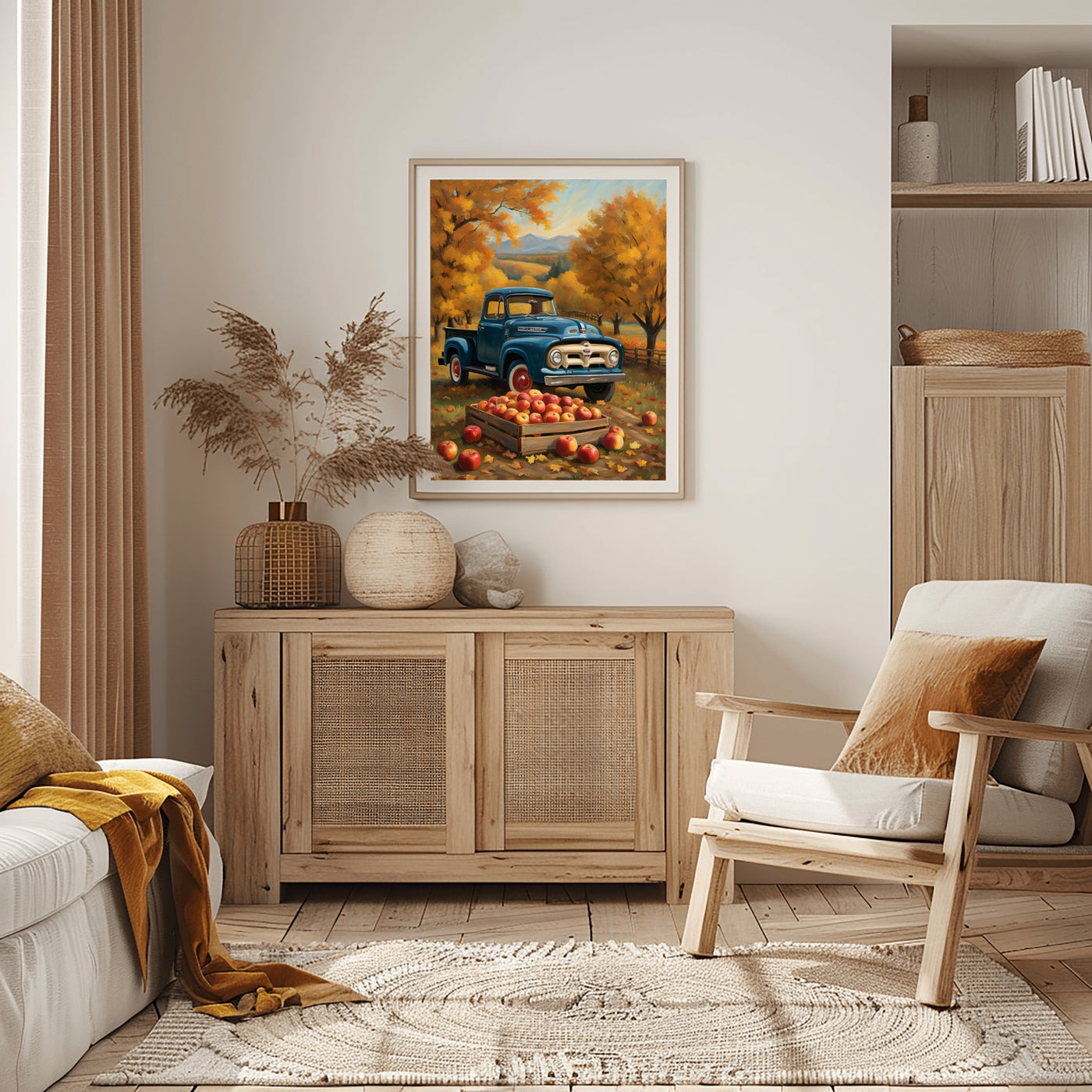 Autumn orchard harvest painting by AquilVision featuring a vintage blue truck and apples displayed in a cozy living room
