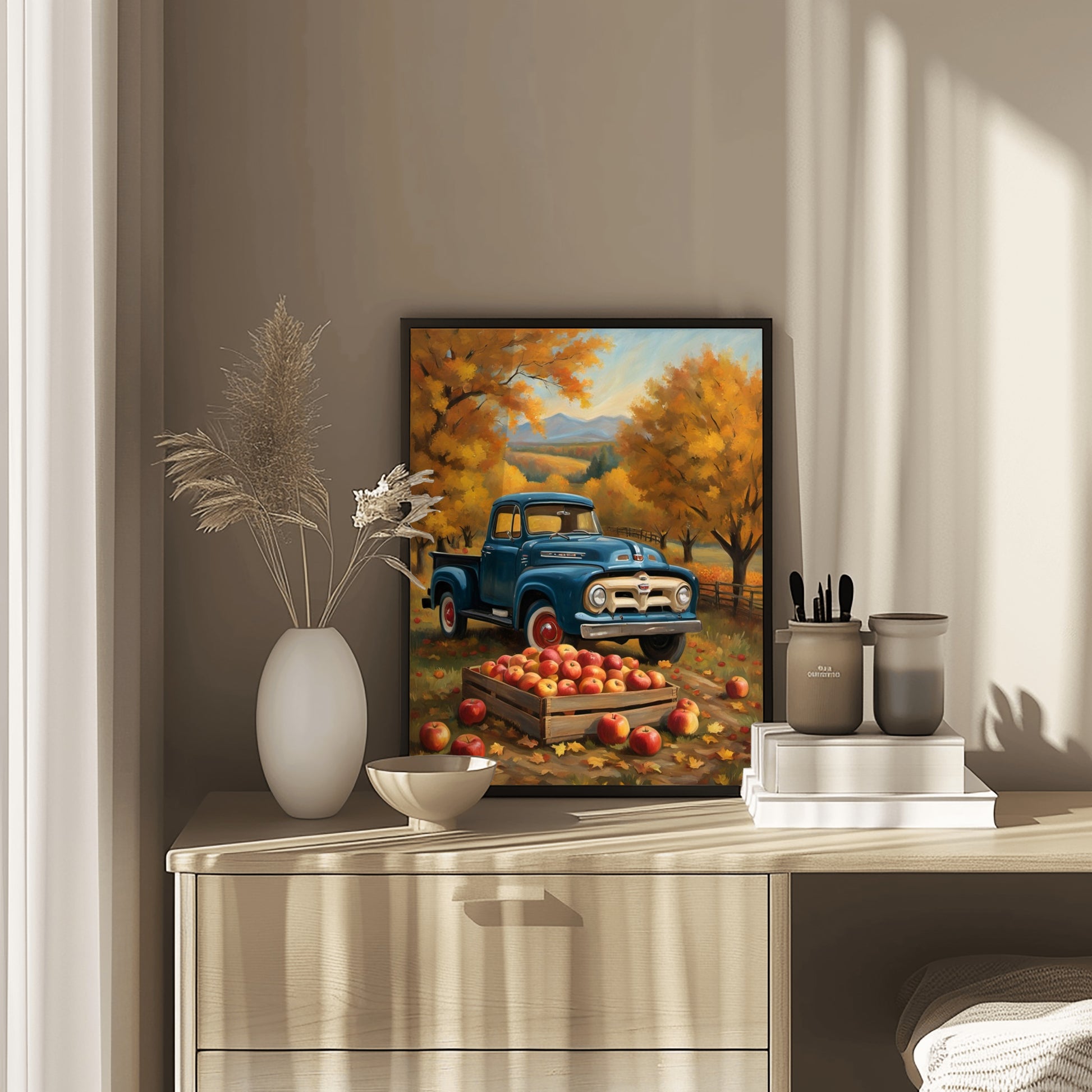 AquilVision digital autumn orchard harvest painting featuring a vintage blue truck and apples in a rustic setting