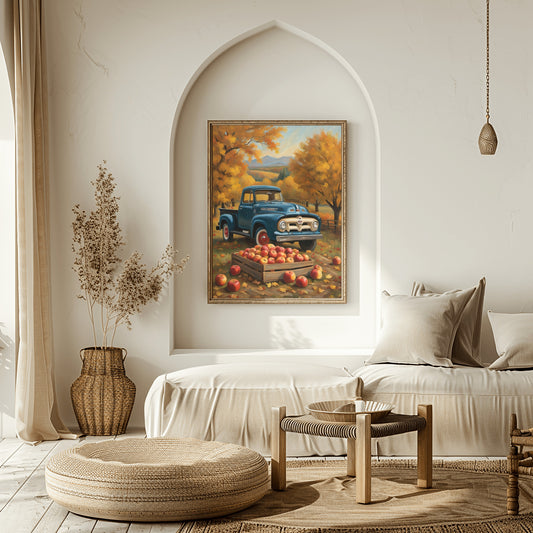 Autumn orchard harvest painting by AquilVision showing vintage blue truck with apples in fall landscape