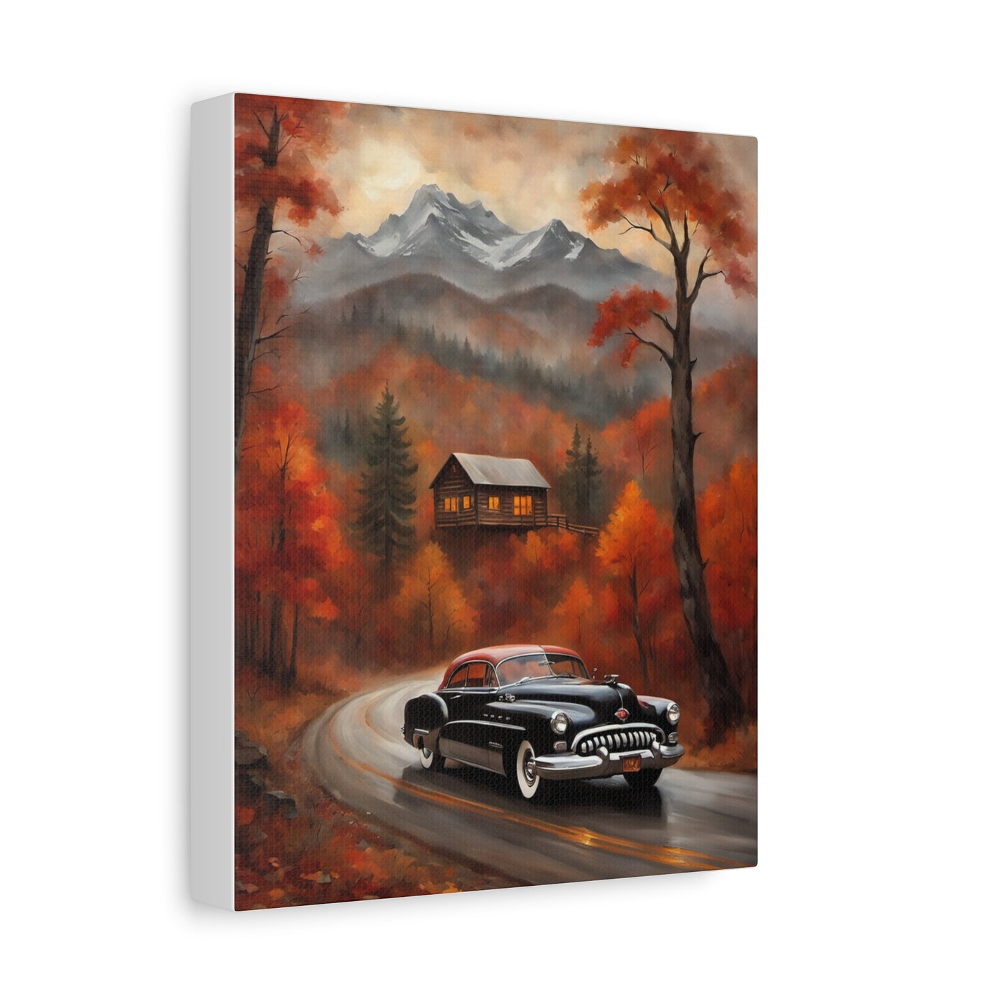 Autumn Road Canvas Art Print featuring a classic car driving through vibrant fall scenery