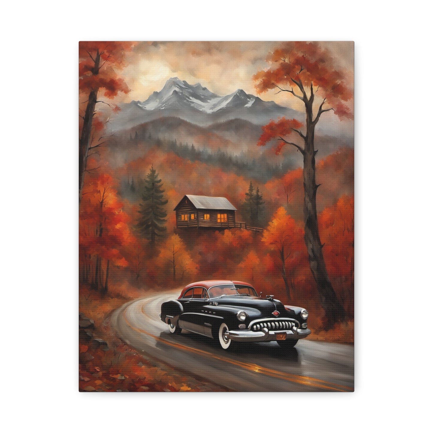Autumn Road Canvas Art Print featuring a classic car on a scenic road surrounded by vibrant fall foliage