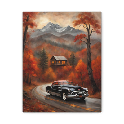 Autumn Road Canvas Art Print featuring a classic car on a scenic road surrounded by vibrant fall foliage