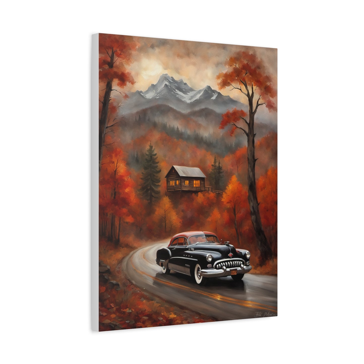 Autumn Road Canvas Art Print featuring a vintage car on a scenic road amidst fall foliage and mountains