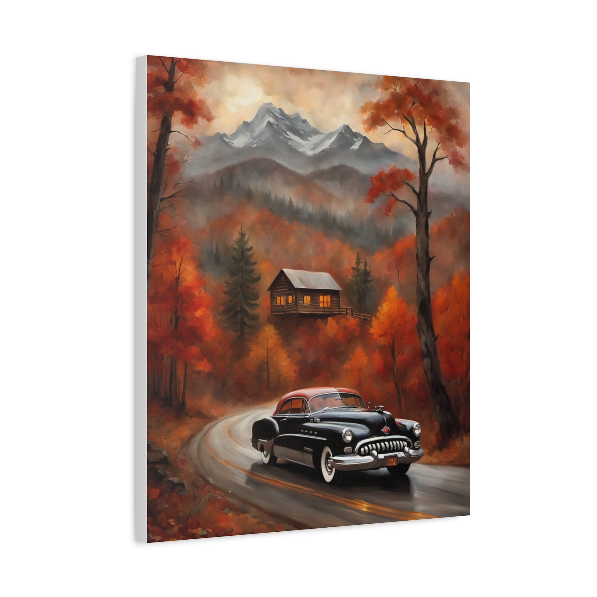 Autumn Road Canvas Art Print featuring a vintage car on a scenic road surrounded by fall colors