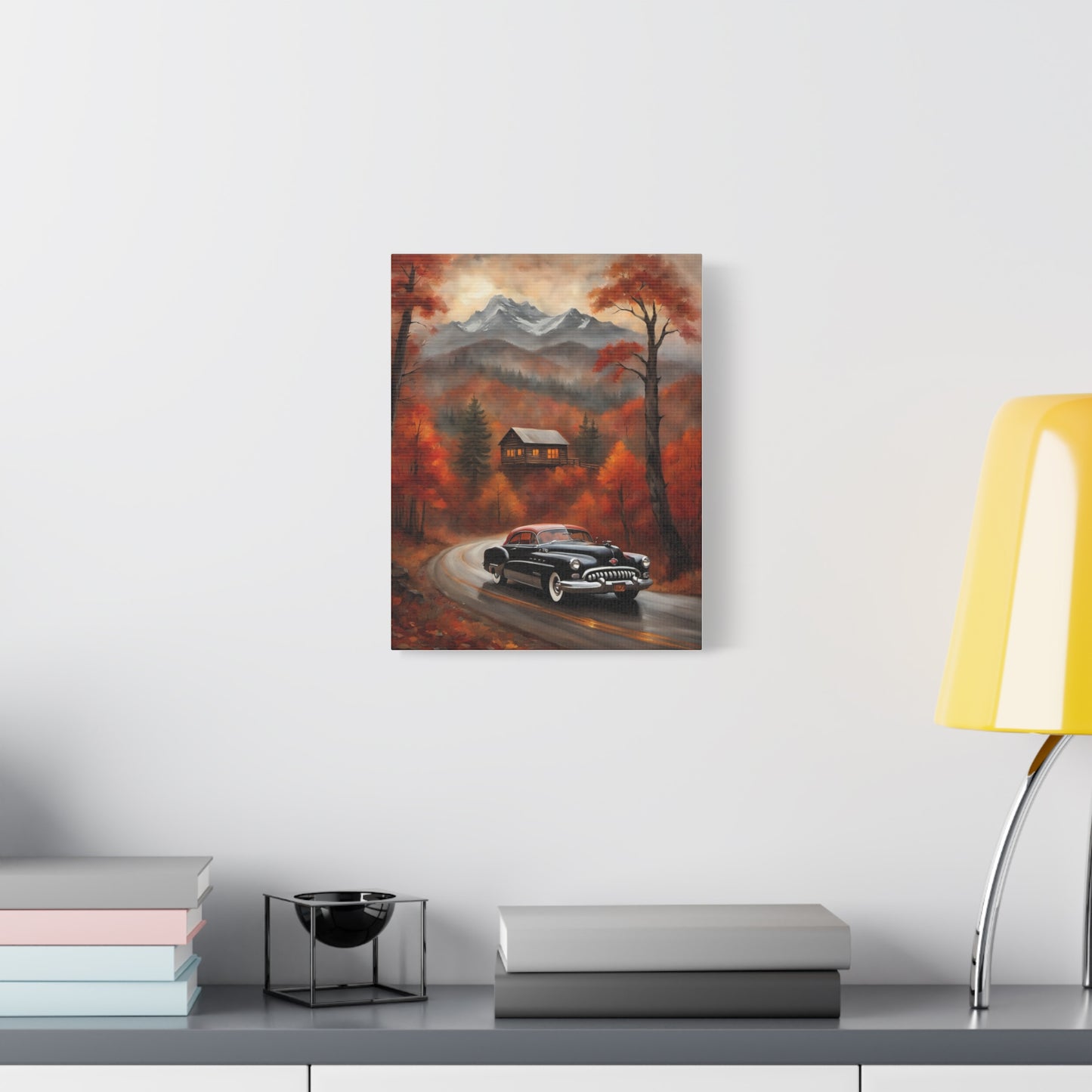 Autumn Road Canvas Art Print featuring a vintage car on a scenic road surrounded by autumn foliage