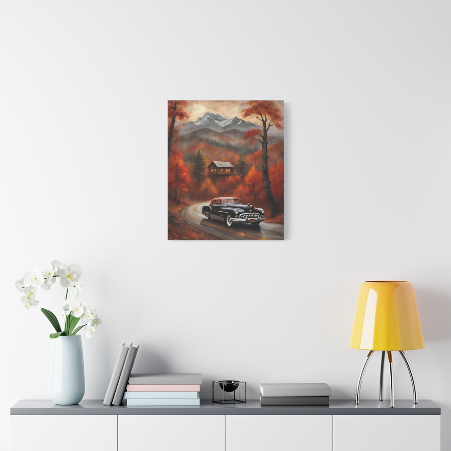 Autumn Road Canvas Art Print featuring a classic car on a scenic mountain road surrounded by fall foliage