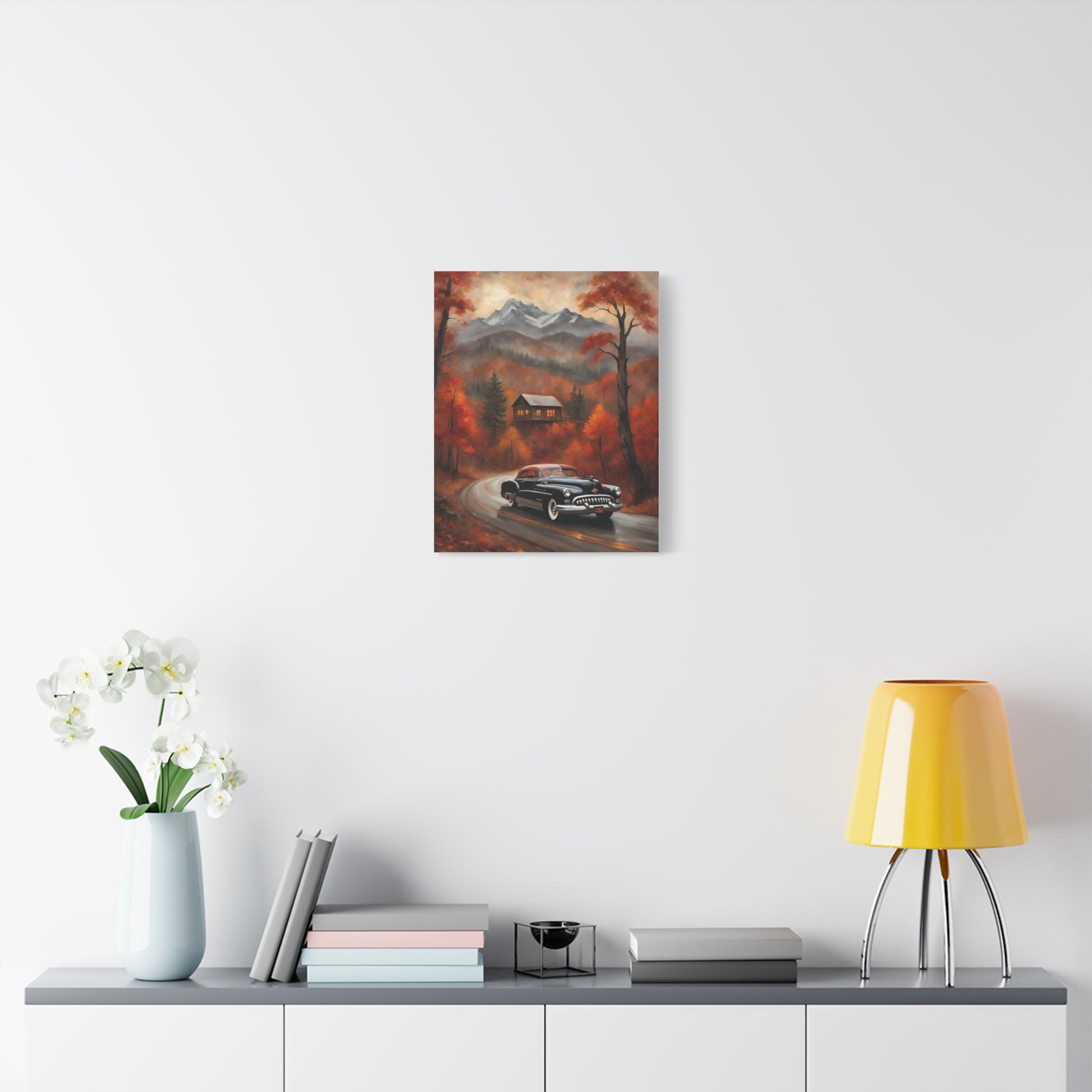 Autumn Road Canvas Art Print featuring a vintage car in a scenic fall landscape
