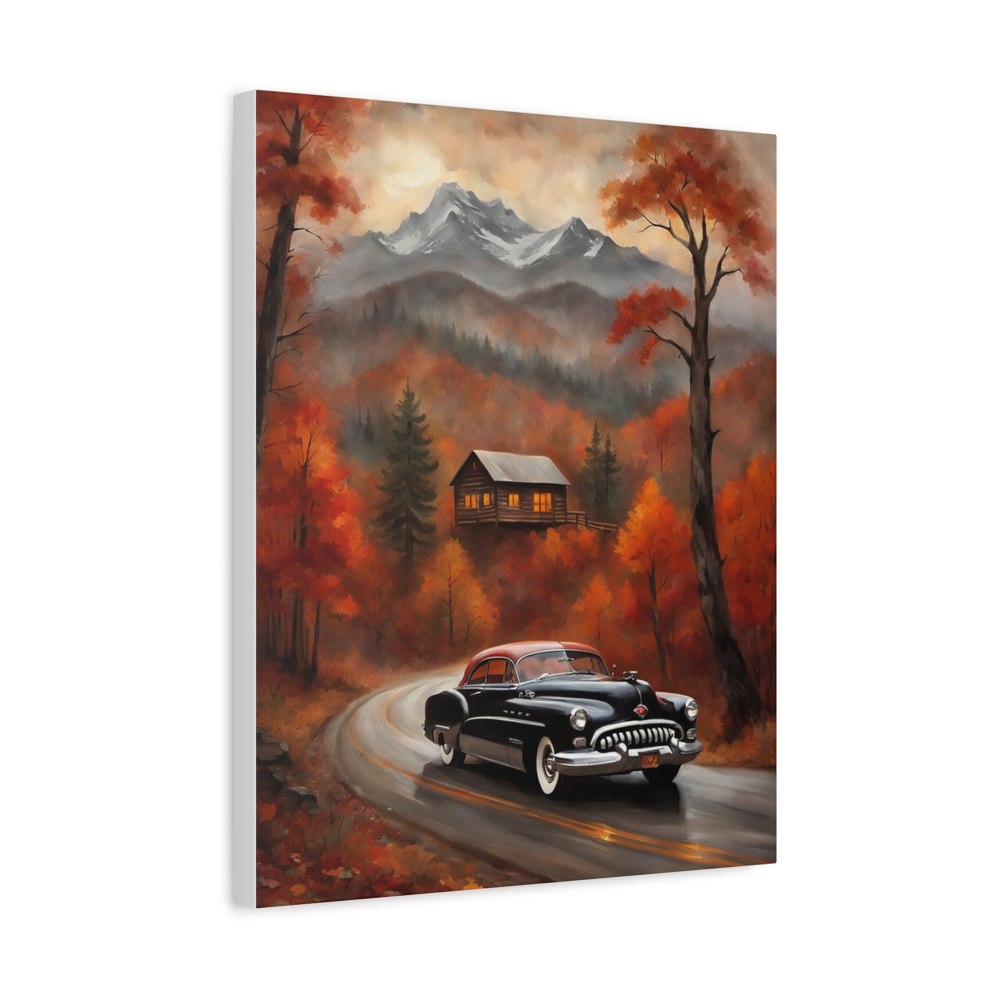 Autumn Road Canvas Art Print featuring a classic car driving through fall colors and mountains