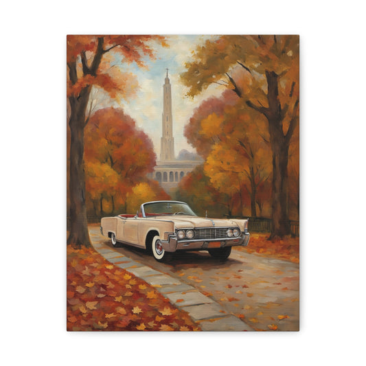 Autumn Road Trip Canvas Art featuring a vintage car in a picturesque fall landscape