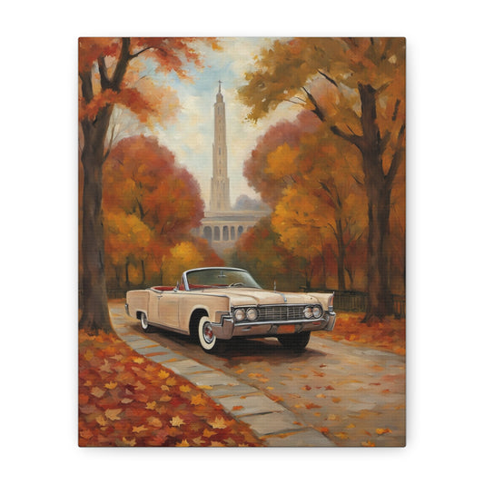 Autumn Road Trip Canvas Art featuring a classic car surrounded by fall foliage