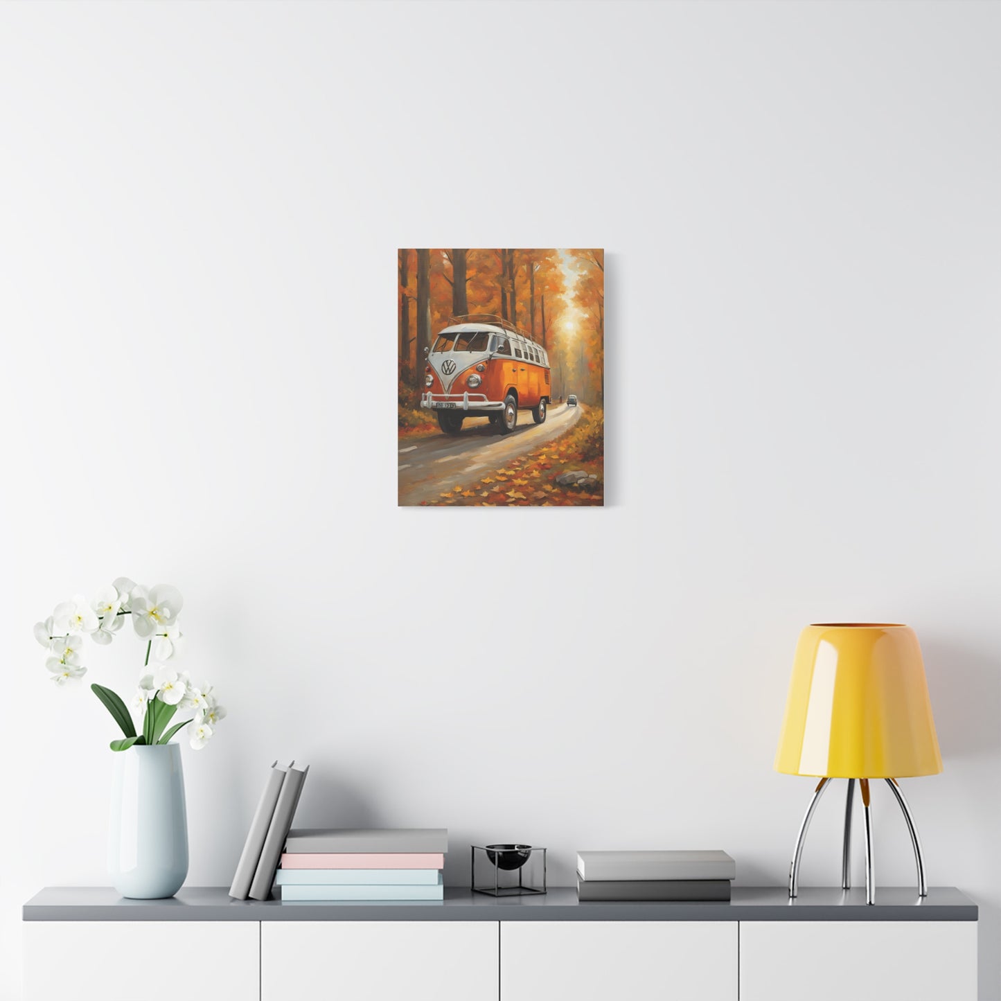 Autumn Van Canvas Print featuring a vintage van on a scenic fall road surrounded by colorful trees