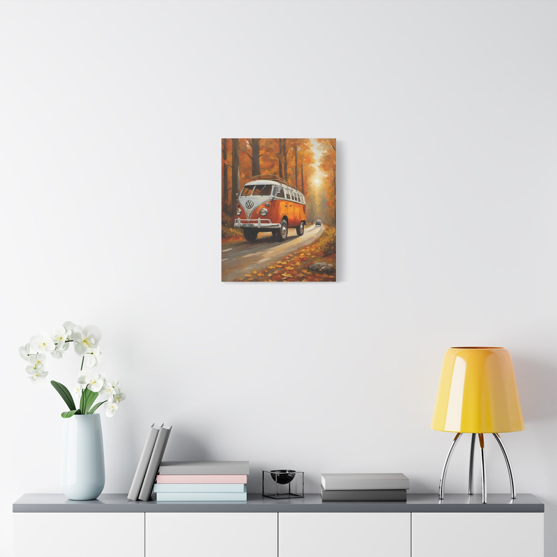 Autumn Van Canvas Print featuring a vintage van on a scenic fall road surrounded by colorful trees