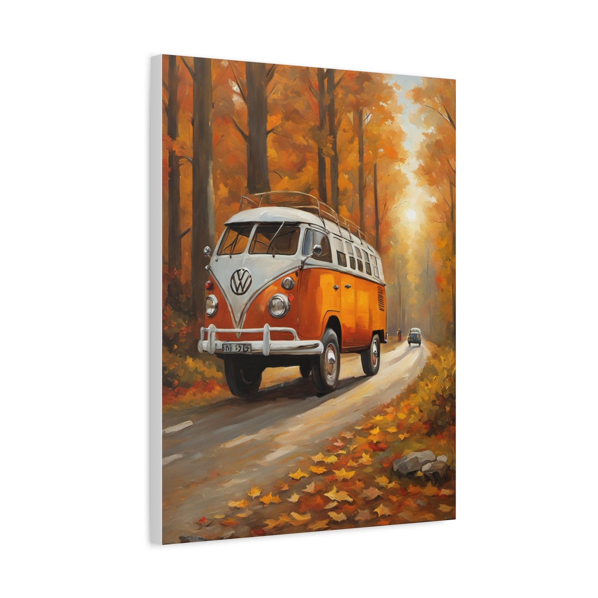 Autumn Van Canvas Print featuring a classic VW bus driving down a fall foliage-lined road