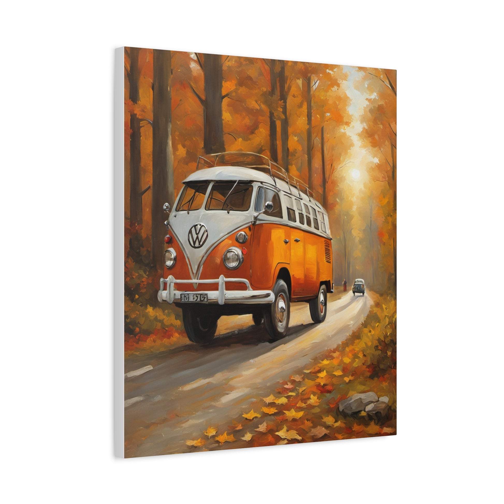 Autumn Van Canvas Print featuring a vintage Volkswagen van in a forest with fall foliage