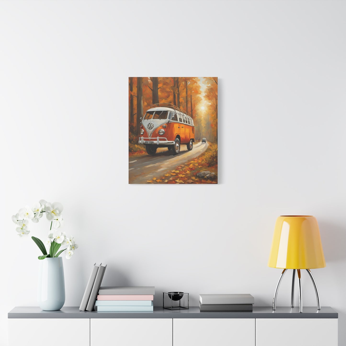 Autumn Van Canvas Print featuring an orange vintage van on a scenic autumn road