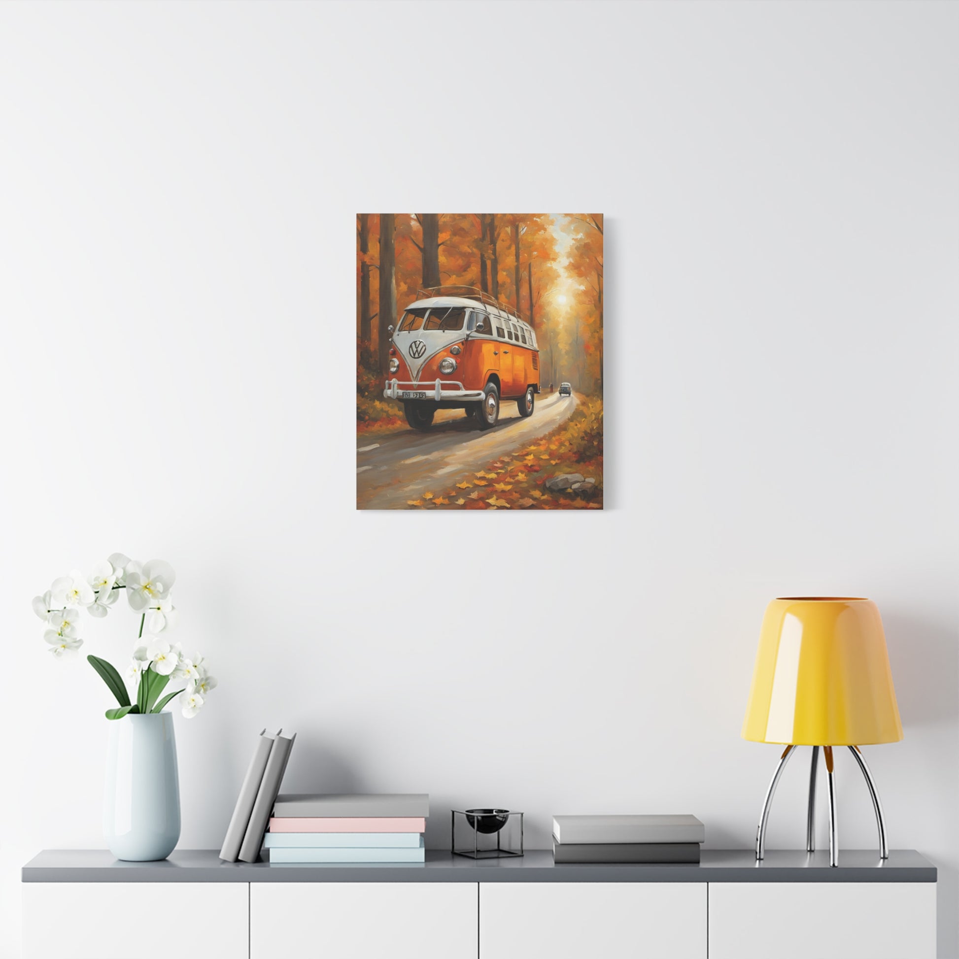 Autumn Van Canvas Print featuring an orange vintage van on a scenic autumn road
