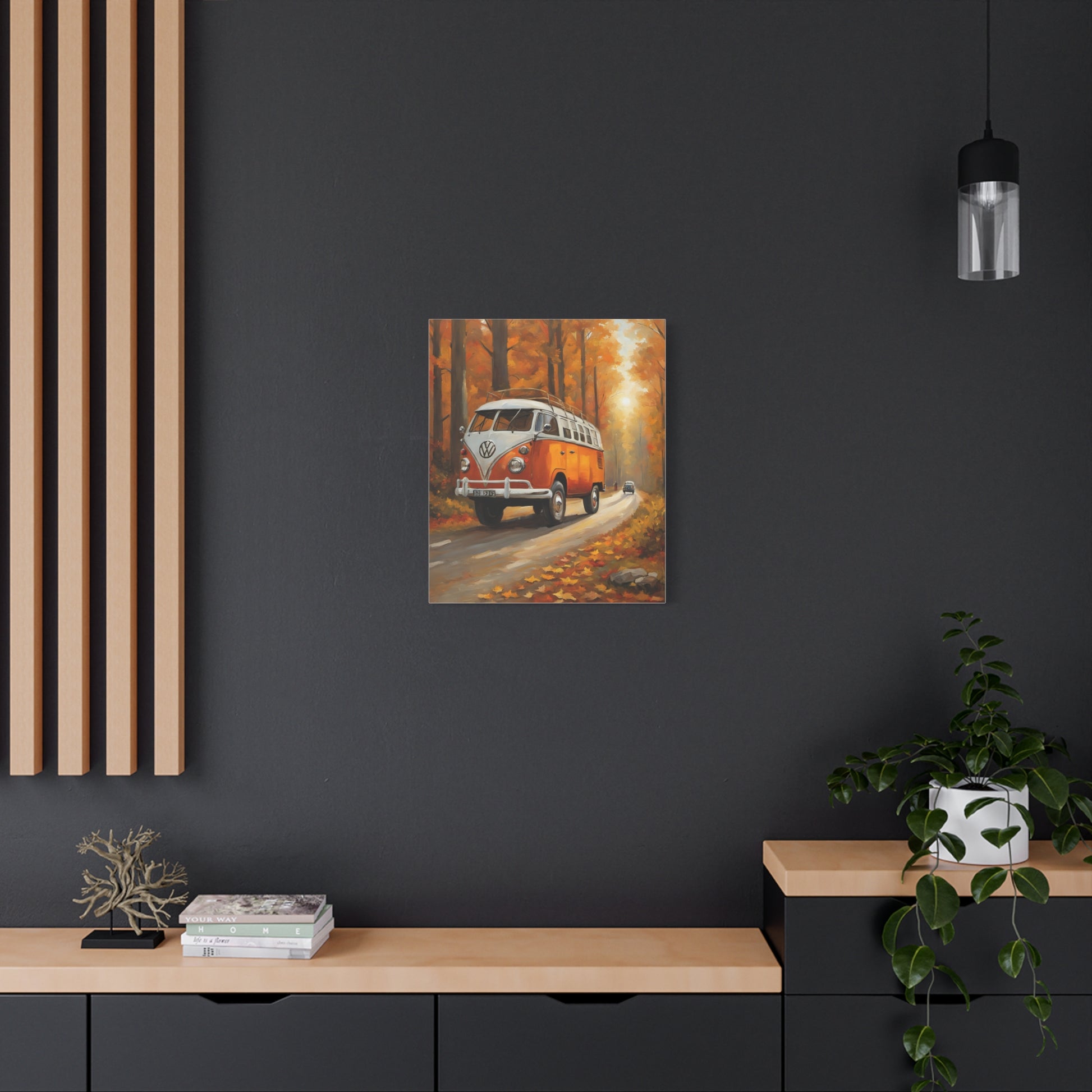 Autumn Van Canvas Print featuring a vintage van on a scenic road lined with autumn trees