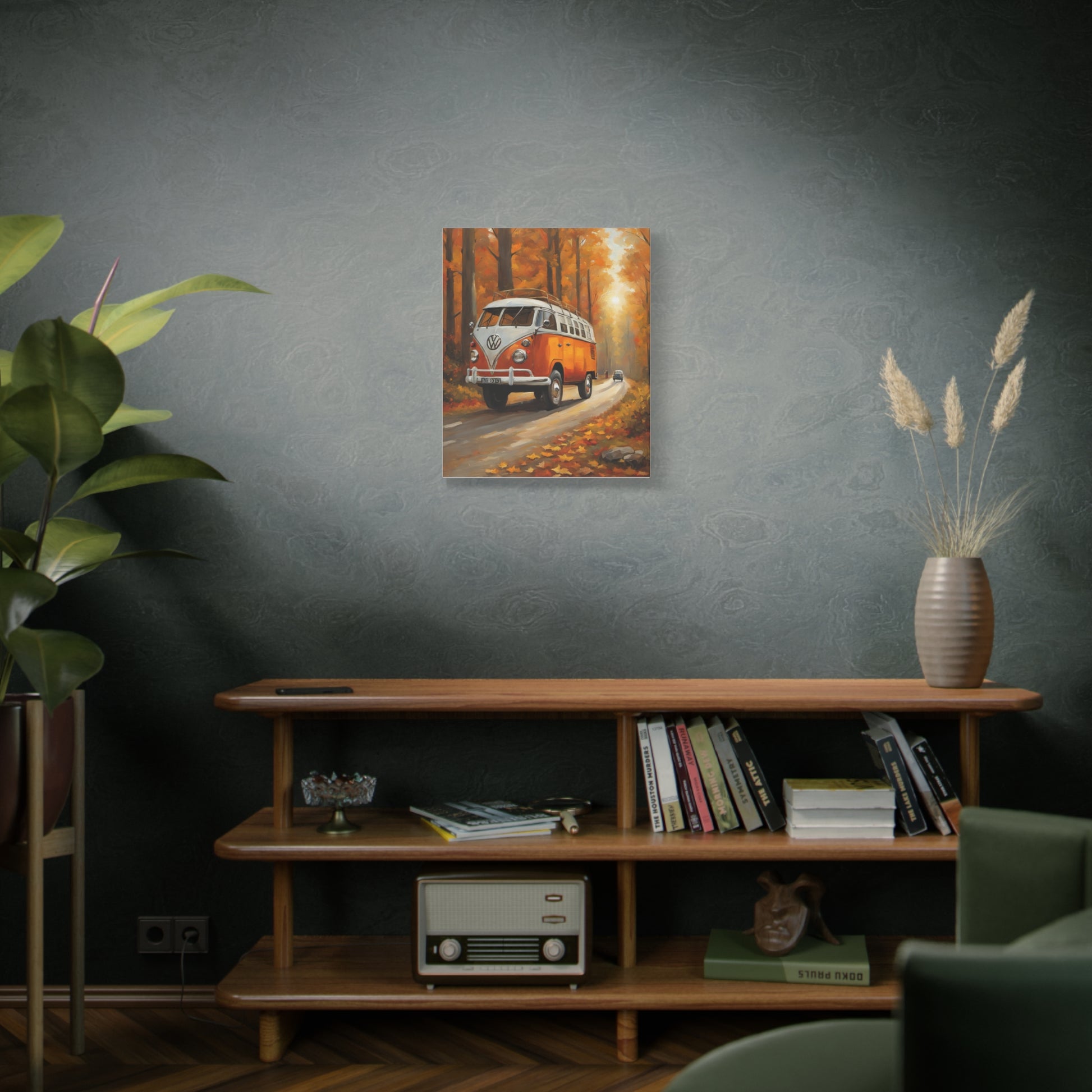 Autumn Van Canvas Print featuring a classic orange van driving through fall foliage