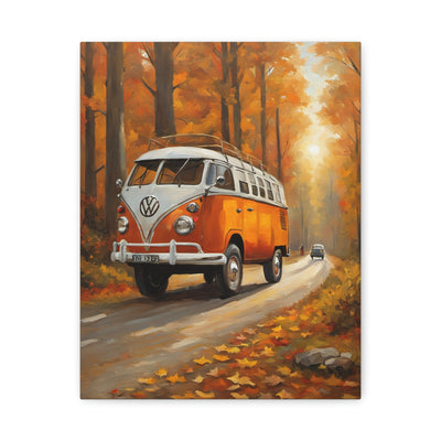 Autumn Van Canvas Print featuring a vintage VW bus driving through a colorful fall forest