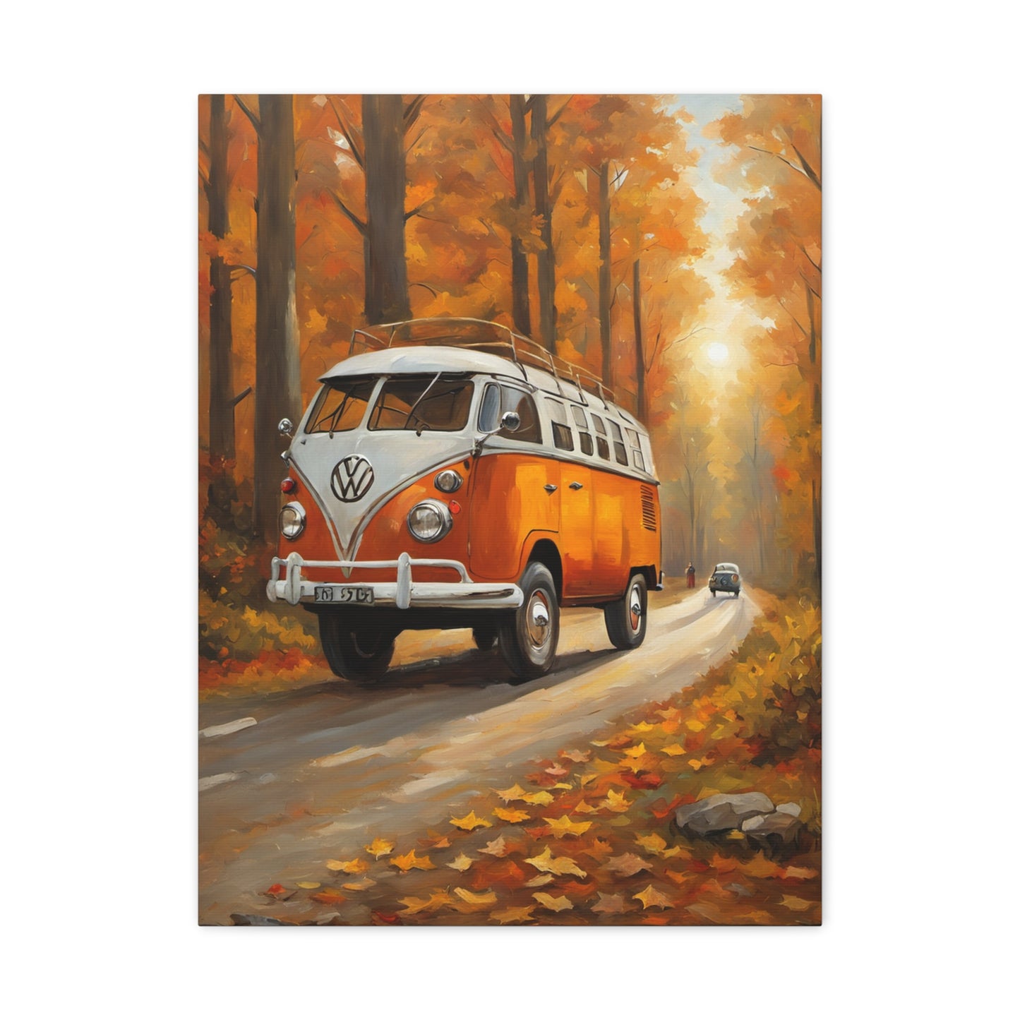 Autumn Van Canvas Print featuring a classic Volkswagen van on a forest road with vibrant autumn foliage