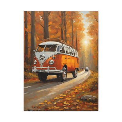 Autumn Van Canvas Print featuring a classic Volkswagen van on a forest road with vibrant autumn foliage