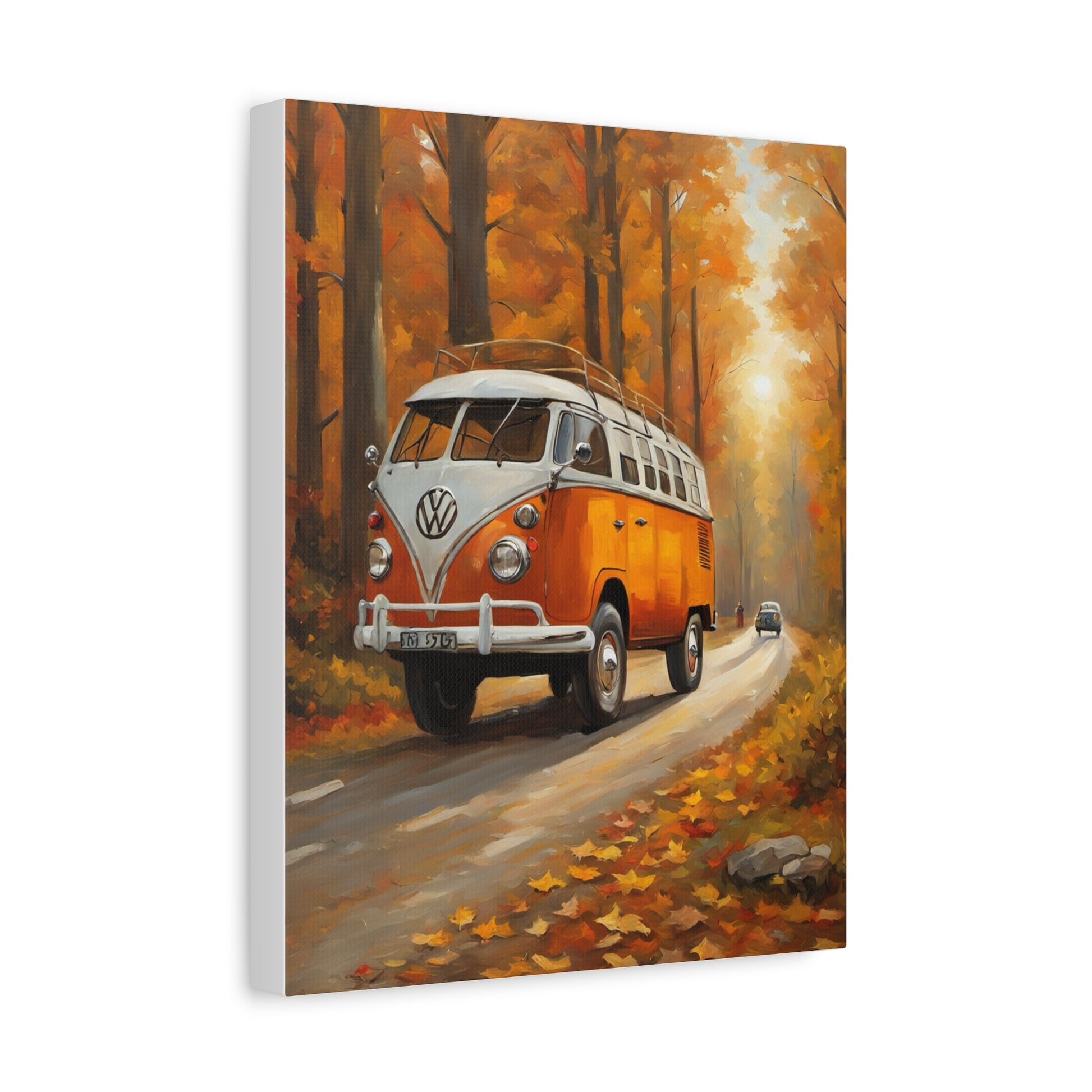 Autumn Van Canvas Print depicting a classic orange Volkswagen bus in a forest of fall foliage
