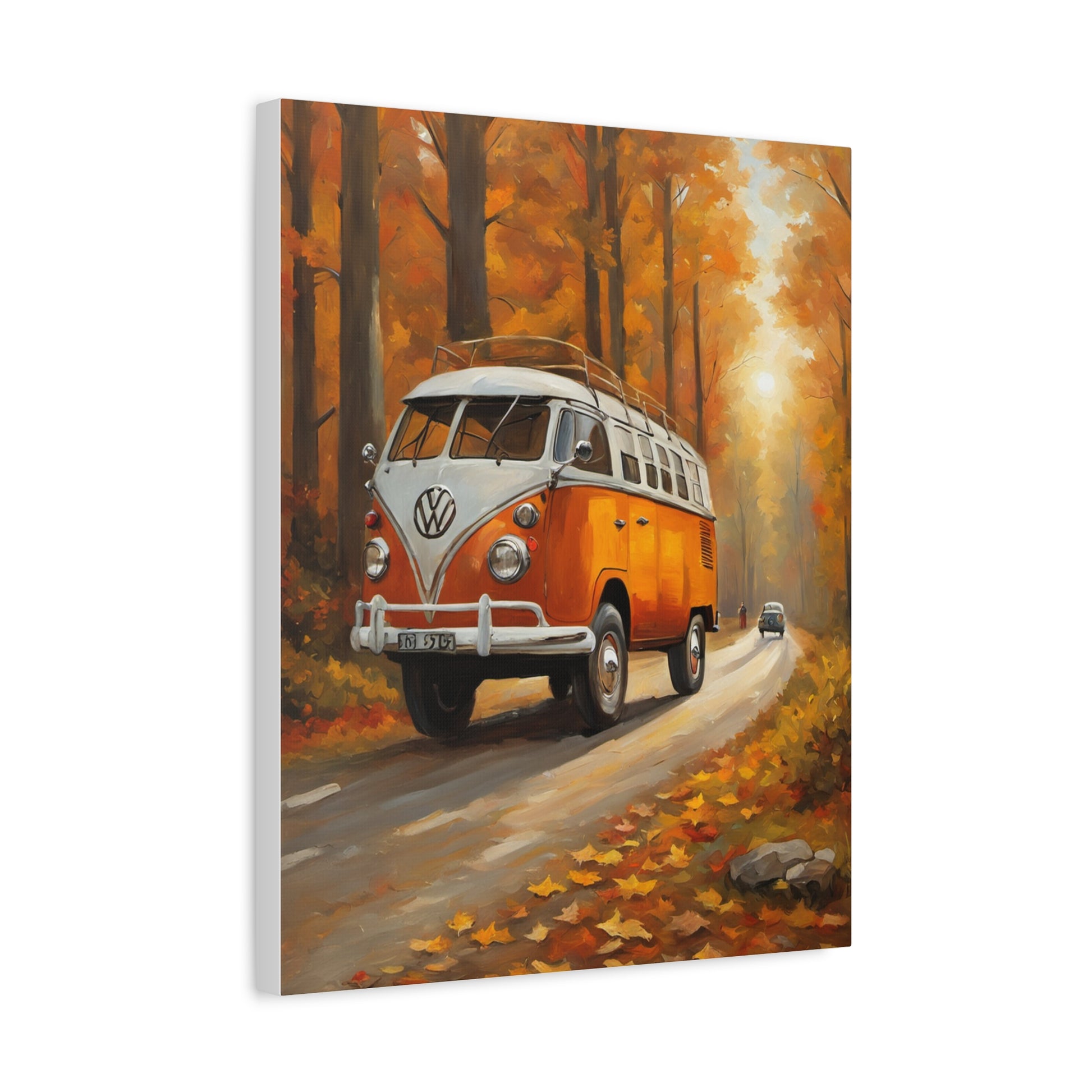 Autumn Van Canvas Print featuring a vintage Volkswagen bus driving through colorful fall trees