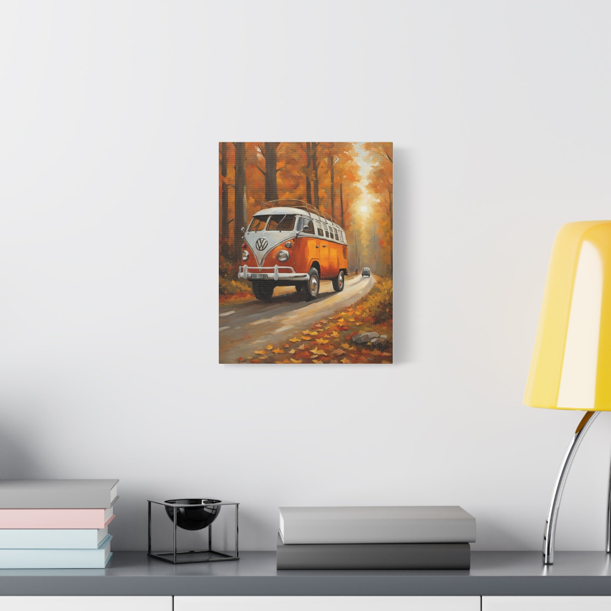 Autumn Van Canvas Print featuring a classic orange van on a scenic fall road surrounded by trees