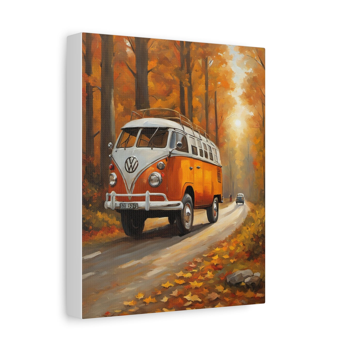 Autumn Van Canvas Print depicting a classic VW bus on a scenic fall road surrounded by trees