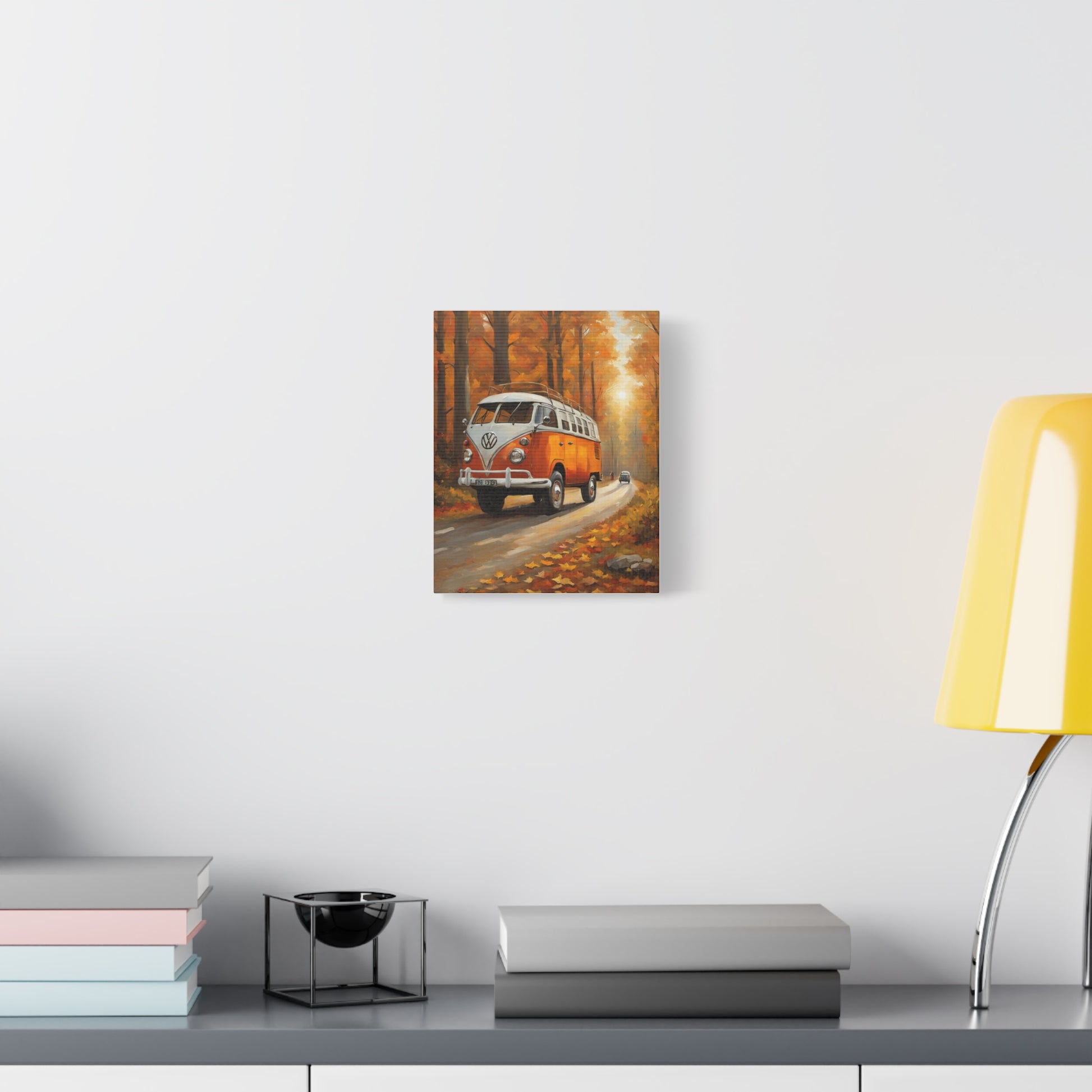 Autumn Van Canvas Print featuring a vintage van on a scenic fall road in a warm tone
