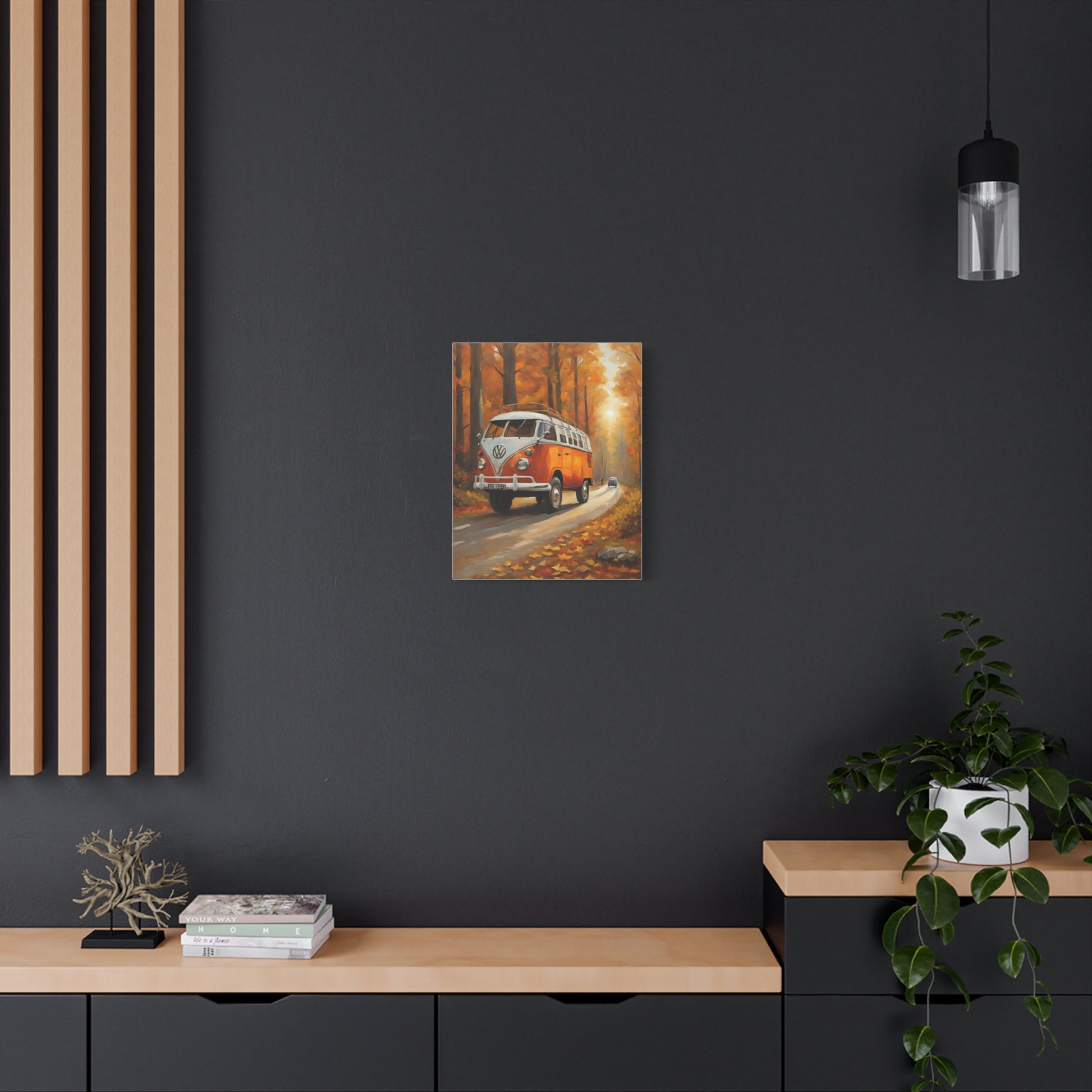Autumn Van Canvas Print featuring a retro van on a tree-lined road with fall foliage