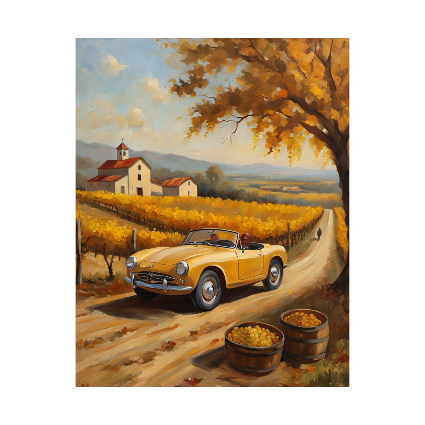Scenic Autumn Vineyard Matte Vertical Poster featuring a classic car and grape harvest