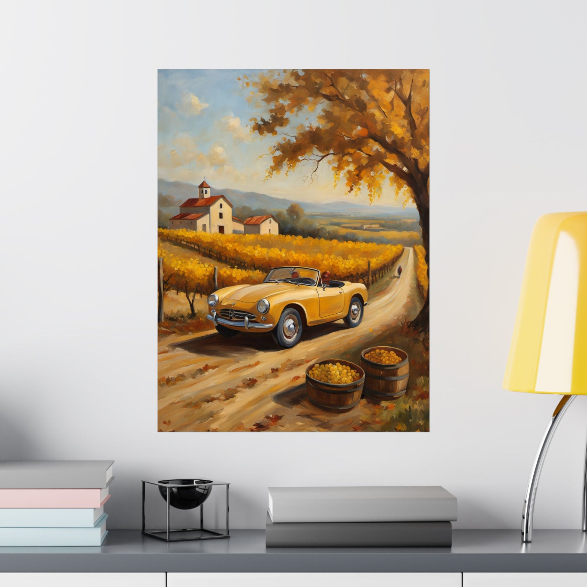 Autumn Vineyard Matte Vertical Poster featuring a scenic vineyard with a yellow car under a fall tree