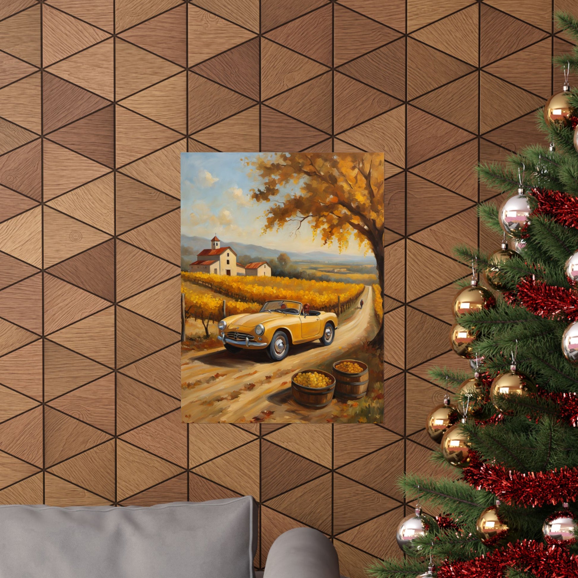 Autumn Vineyard Matte Vertical Poster featuring a scenic landscape with a vintage car in a vineyard