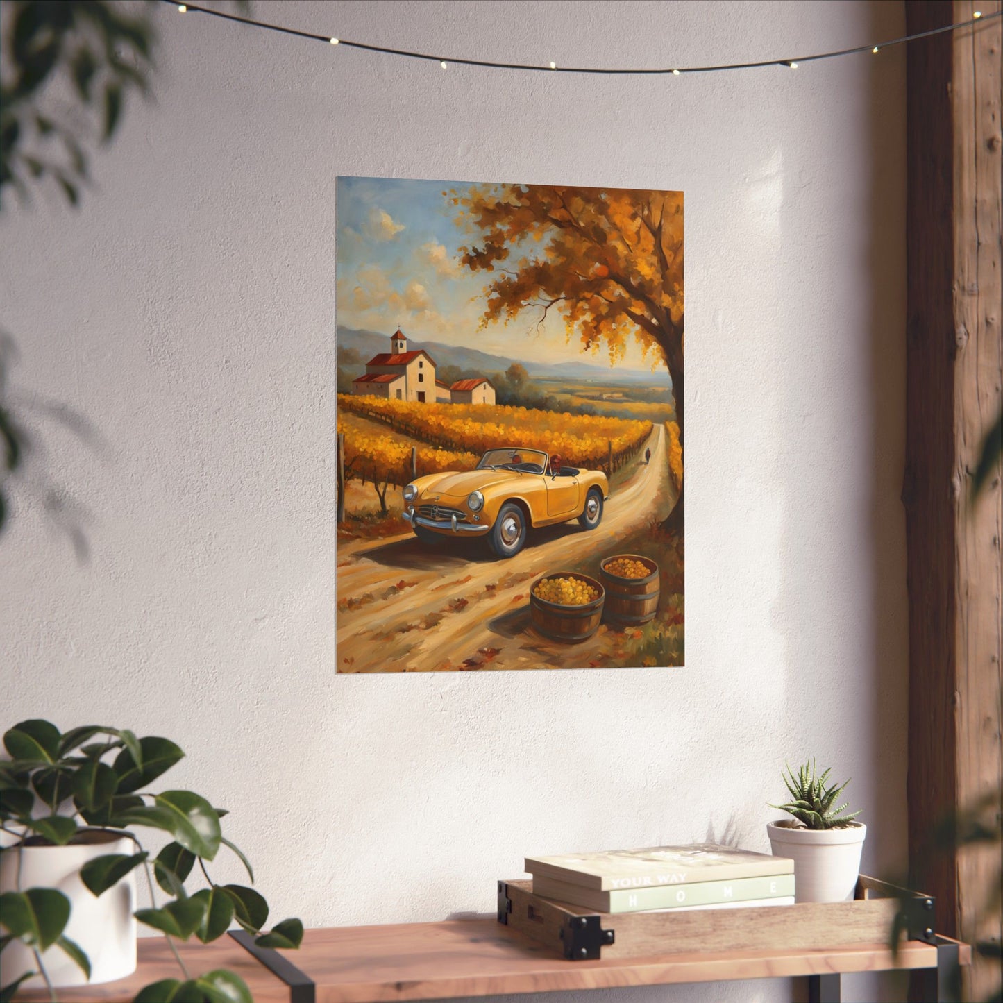 Autumn Vineyard Matte Vertical Poster featuring a scenic landscape with a yellow car amid vibrant fall colors