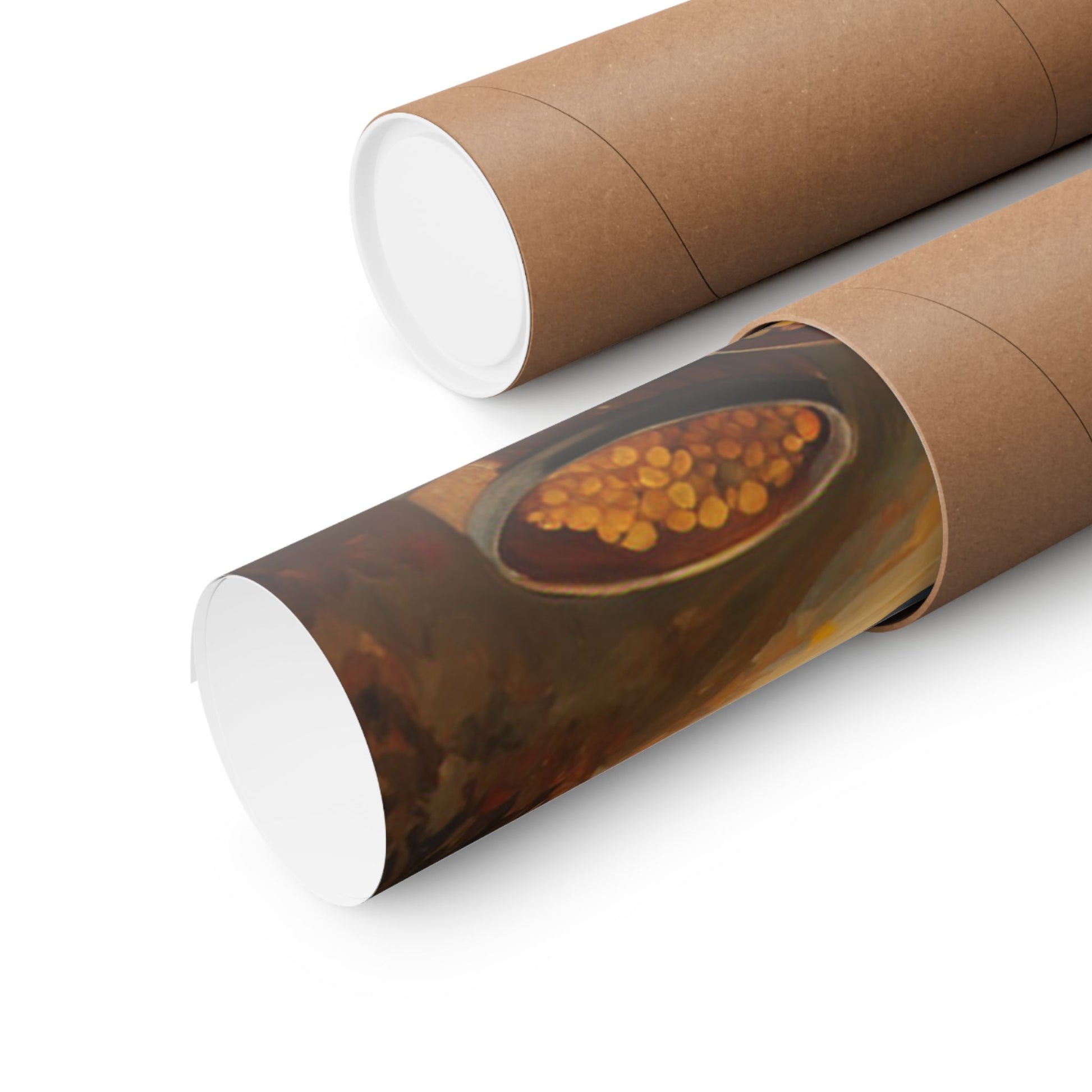 Autumn Vineyard Matte Vertical Poster rolled in a protective tube, showcasing vibrant fall colors