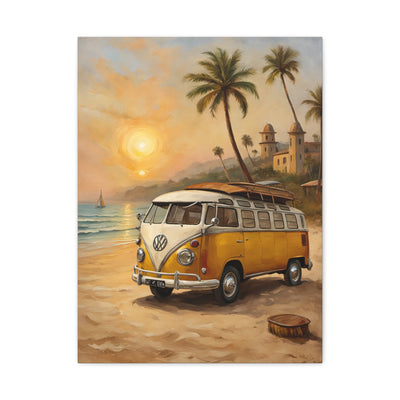Beach Vibes Canvas Print featuring a vintage VW bus on a sunset beach with palm trees