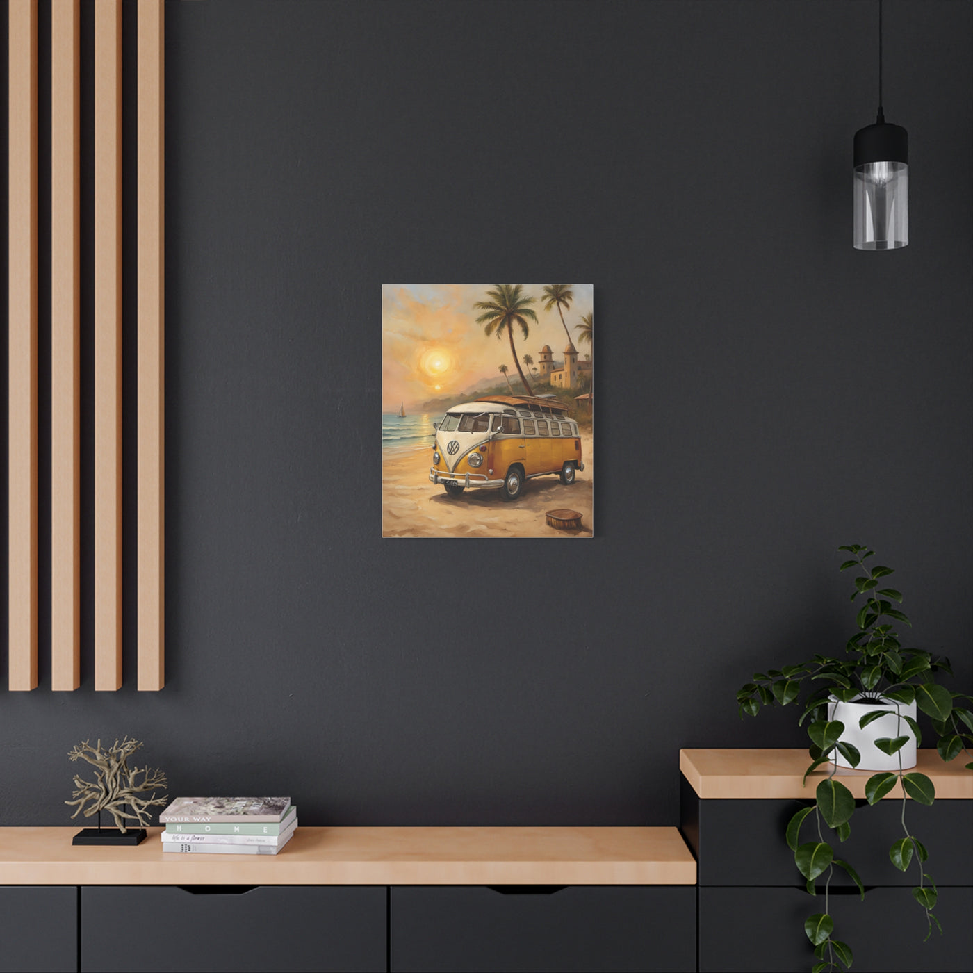 Beach Vibes Canvas Print featuring a vintage van on a tropical beach with palm trees and sunset