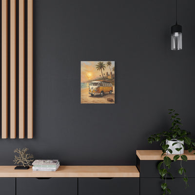 Beach Vibes Canvas Print featuring a vintage van by the shore with palm trees and sunset backdrop