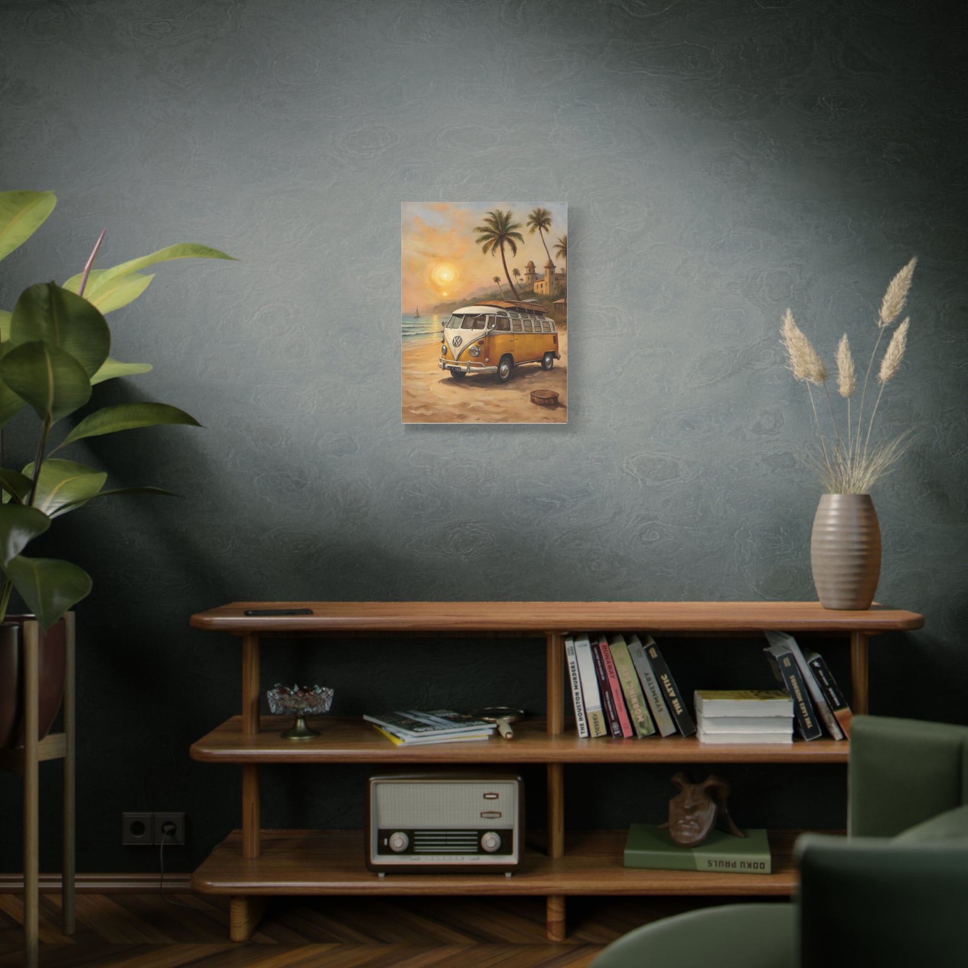 Beach Vibes Canvas Print featuring a vintage van on the shore with palm trees at sunset