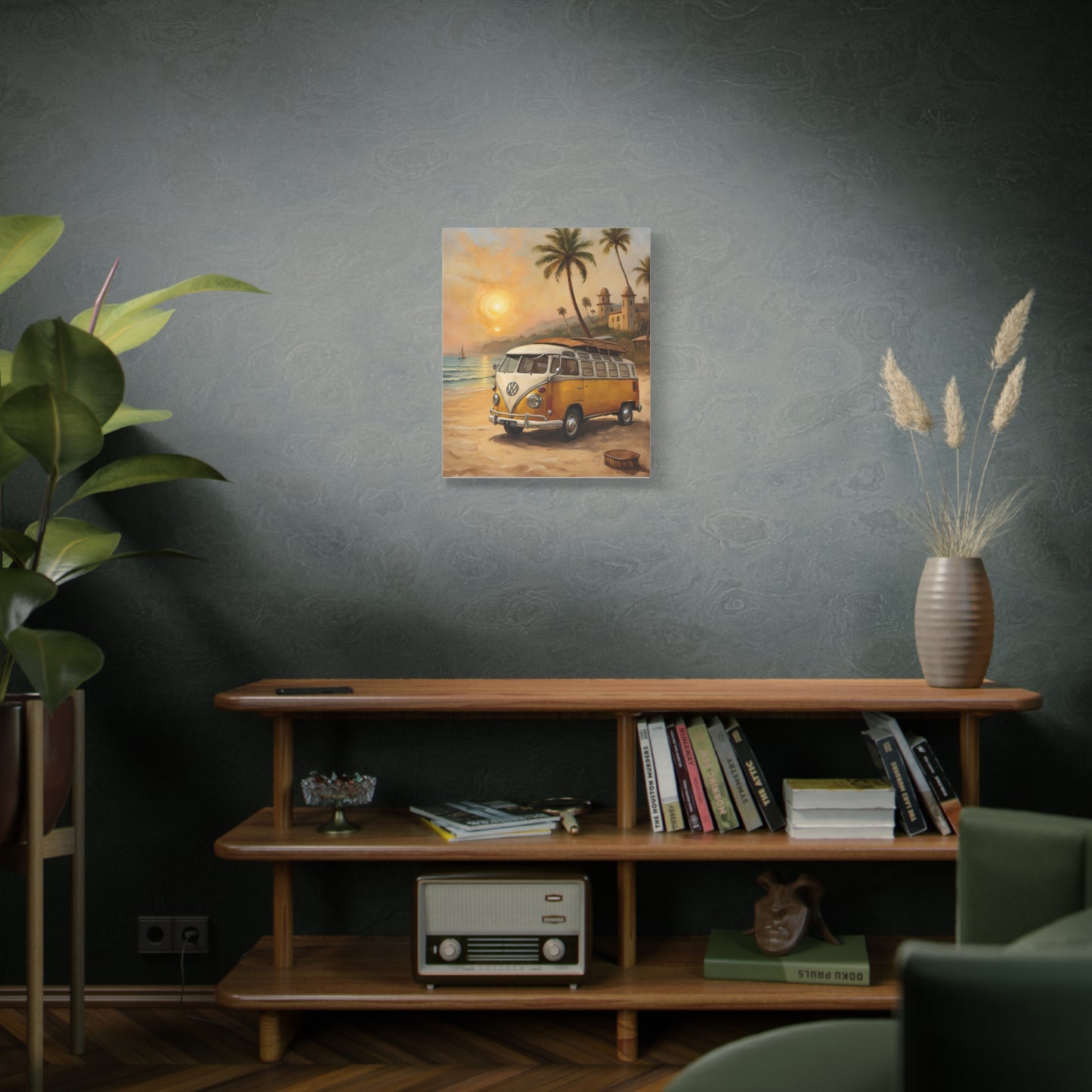 Beach Vibes Canvas Print featuring a vintage van at sunset with palm trees, ideal for coastal decor