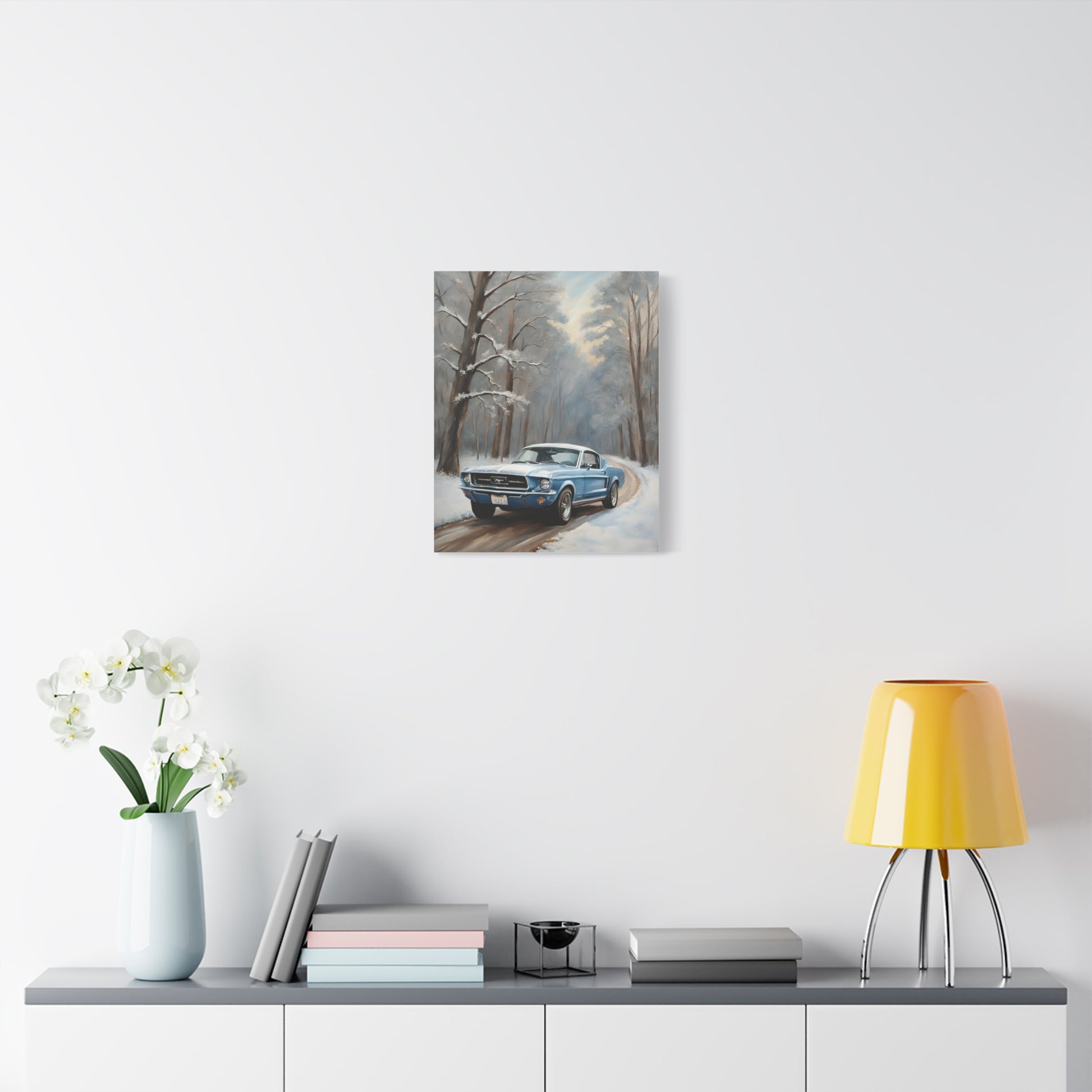 Blue Fastback Winter Scene Canvas Print featuring a vintage car on a snowy road