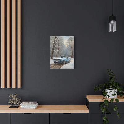 Blue Fastback Winter Scene Canvas Print featuring a muscle car on a snowy road